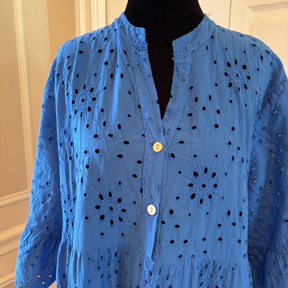 Bohemian Blue Eyelet Cotton Tiered Maxi Dress Embroidered Long Peasant Boho Gown